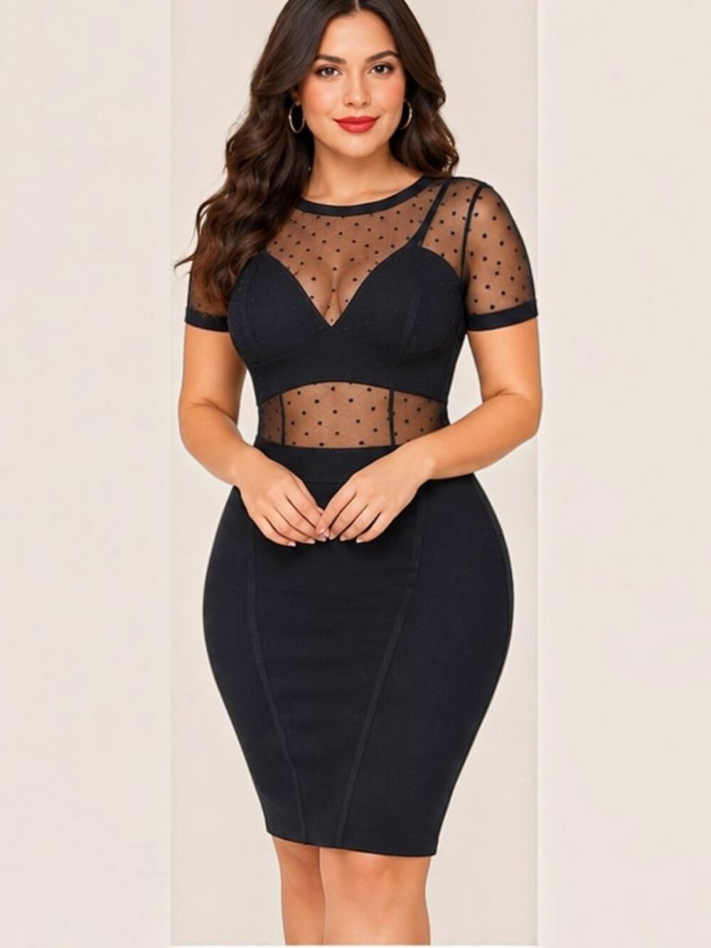 Black Absorbing Polka Dot Mesh Open Back Sheer Bandeau Bandage Dress - Picture 2 of 9